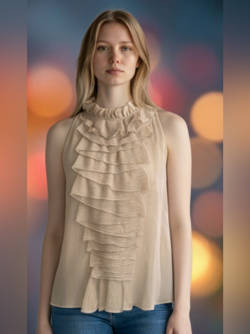 Vintage Moschino silk Beige Ruffle High-Neck Sleeveless Dress Top size 8